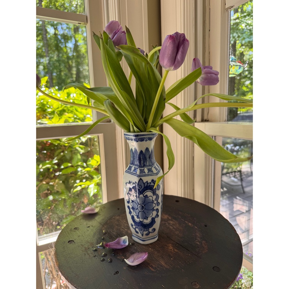 Vintage Blue and White Porcelain Hexagonal Bud Vase Floral Chinoiserie 8.25"
